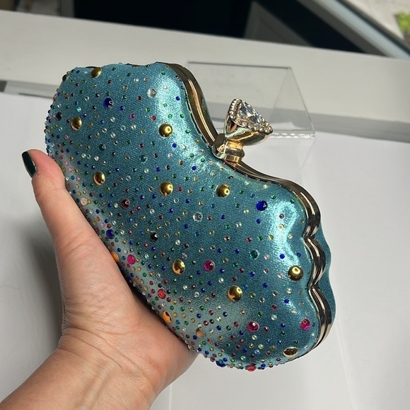 Damara Hardshell Evening Teal Metallic Geometric Clutch Shoulder Bag - New - Picture 9 of 12